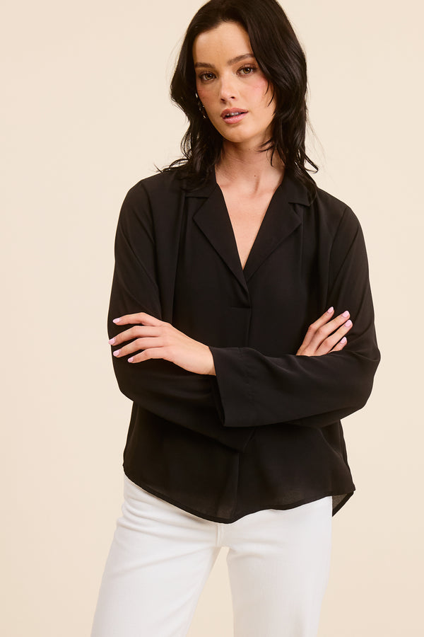 Black Basic Blouse with V Neckline