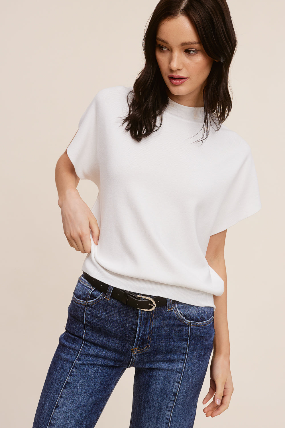 White mock neck short 2025 sleeve top