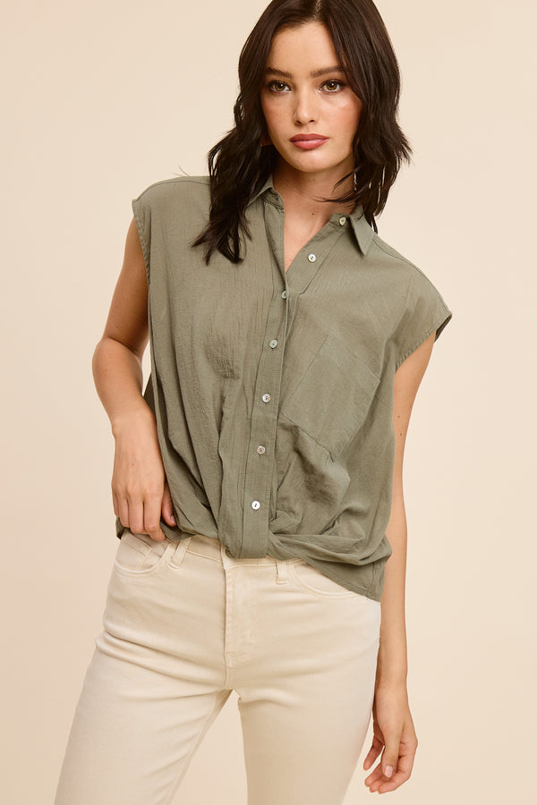 Olive Sleeveless Button Down